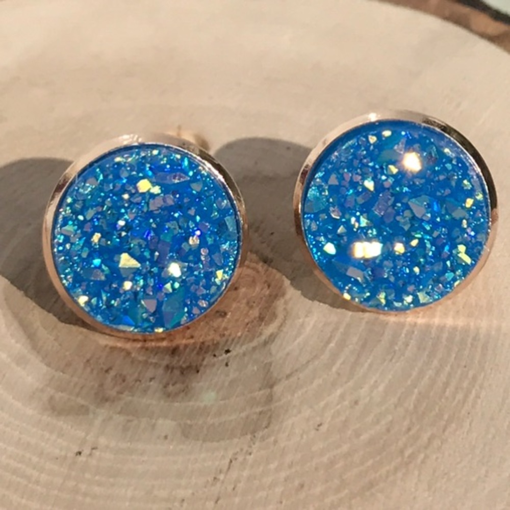 Blue Druzy Rose Gold Earrings 🌸 3 for $18🌸