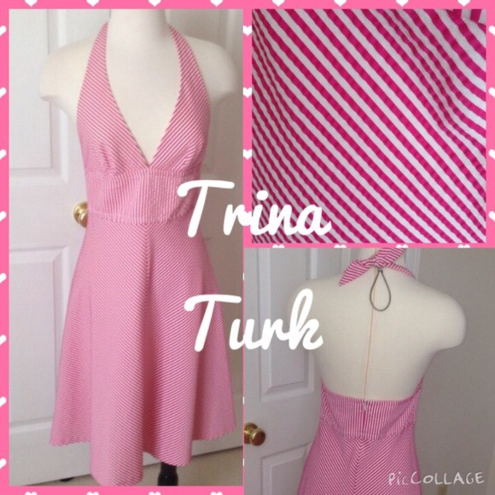 Trina Turk Pink and White Seersucker Halter Dress