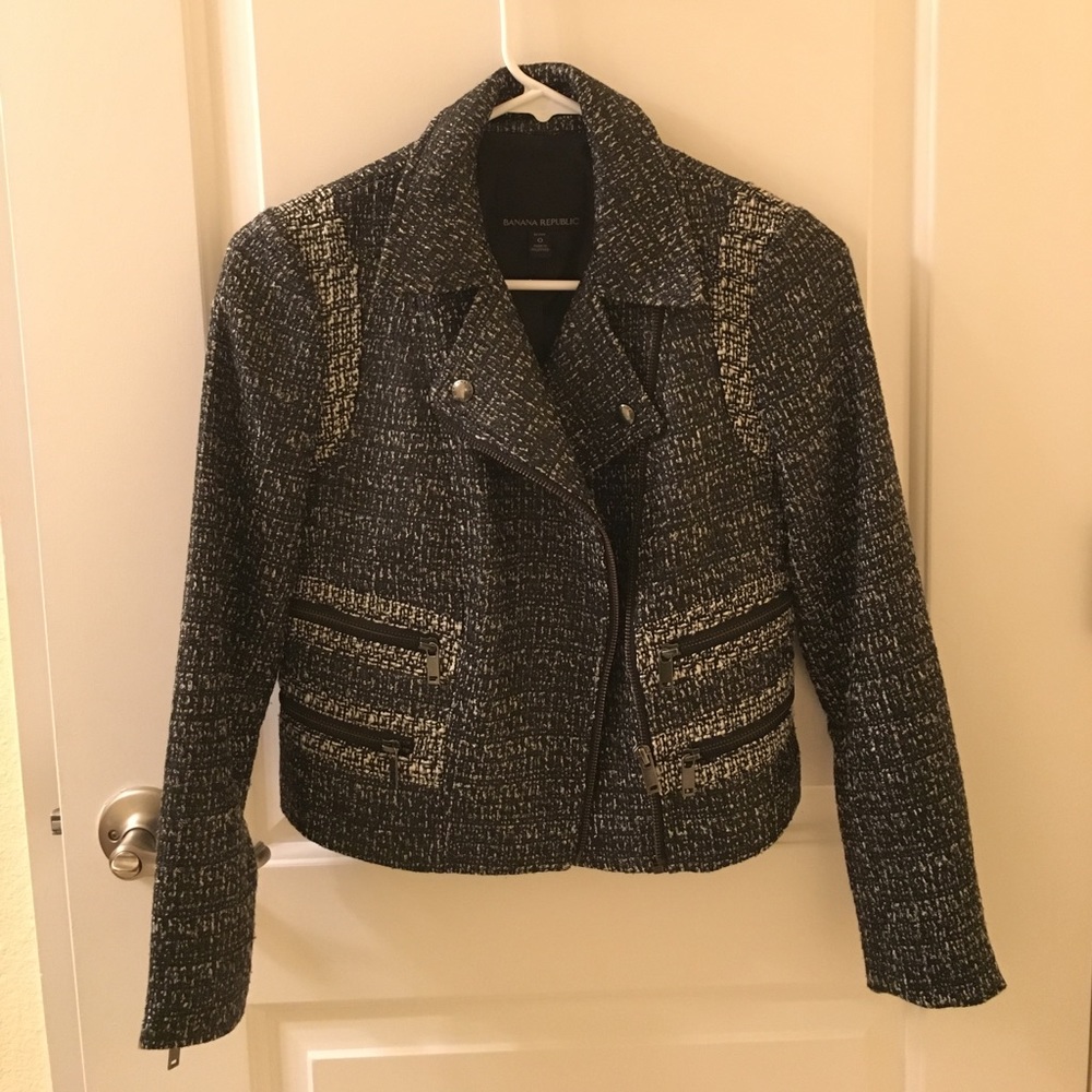 BR Pieced Moto Jacket Coat Zip Black Tweed - Picture 1 of 5
