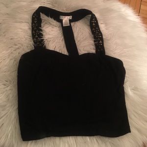 Black crop top with embellished straps and T back