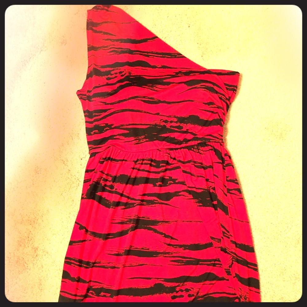 Hot Red and Black Stripped One Shoulder Dress