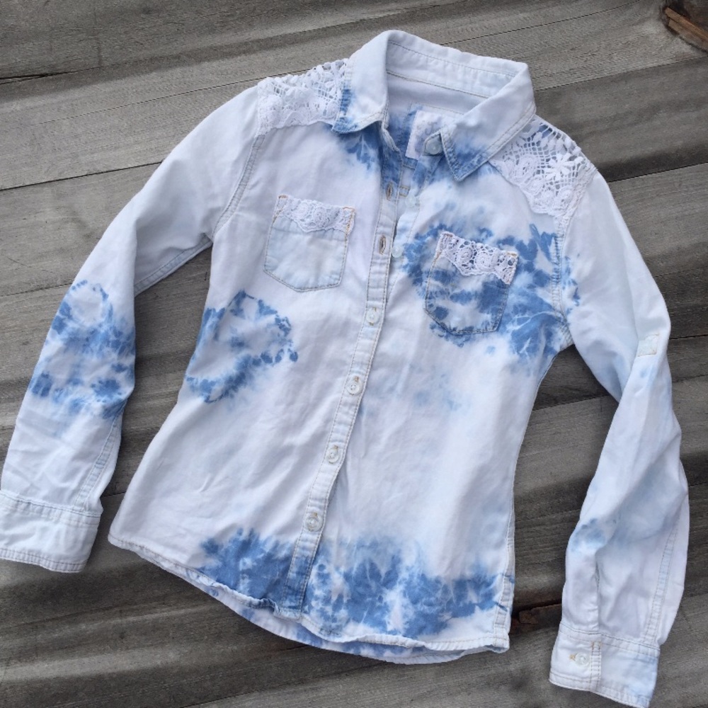 JUSTICE Denim/Chambray Button Shirt Tie-Dye Lace