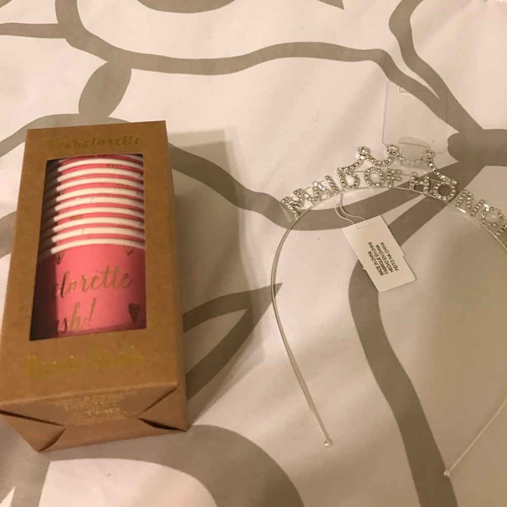 Maid of honor tiara & paper shot cups!
