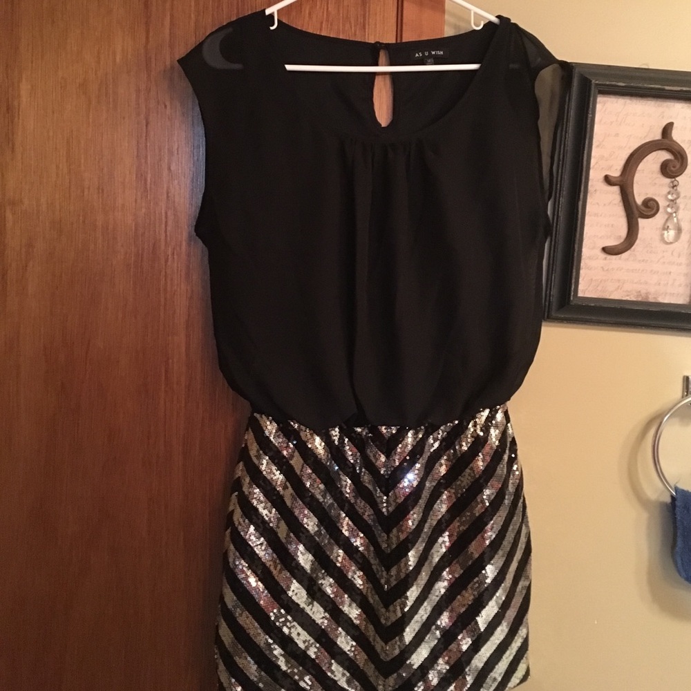 Sheer black top sequin attached skirt mini dress
