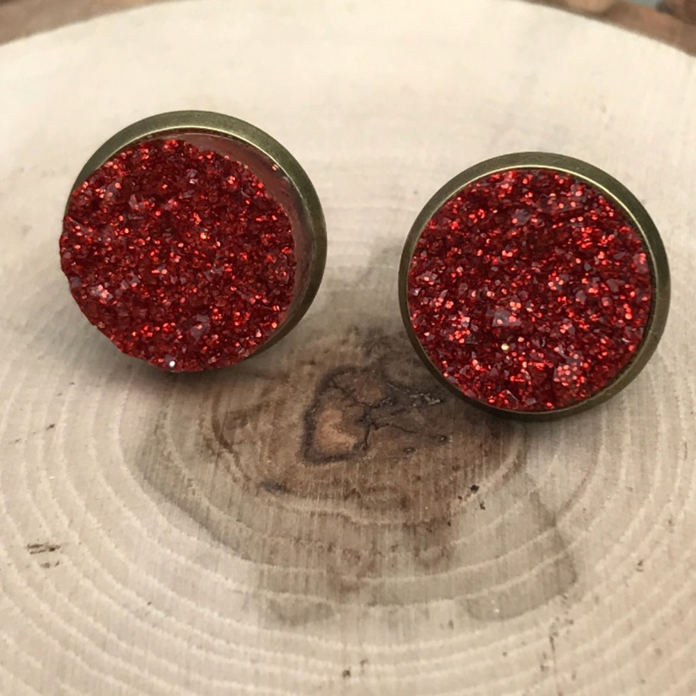 Red & Antique Bronze Druzy Studs
