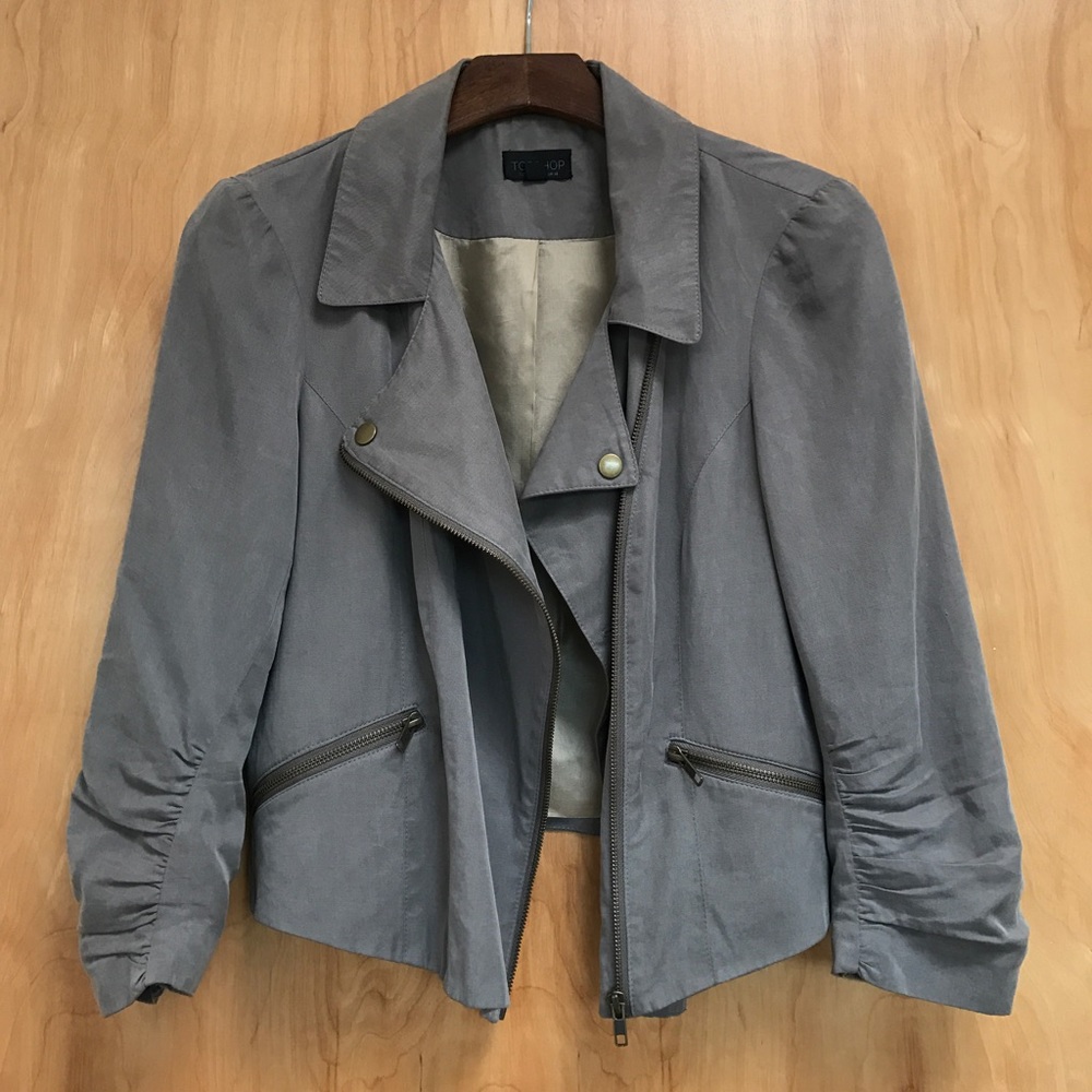 Topshop biker-style jacket, grey/brown, US 10