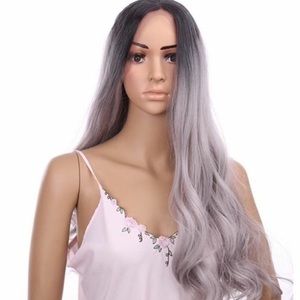 Grey silver rooted synthetic hair wig