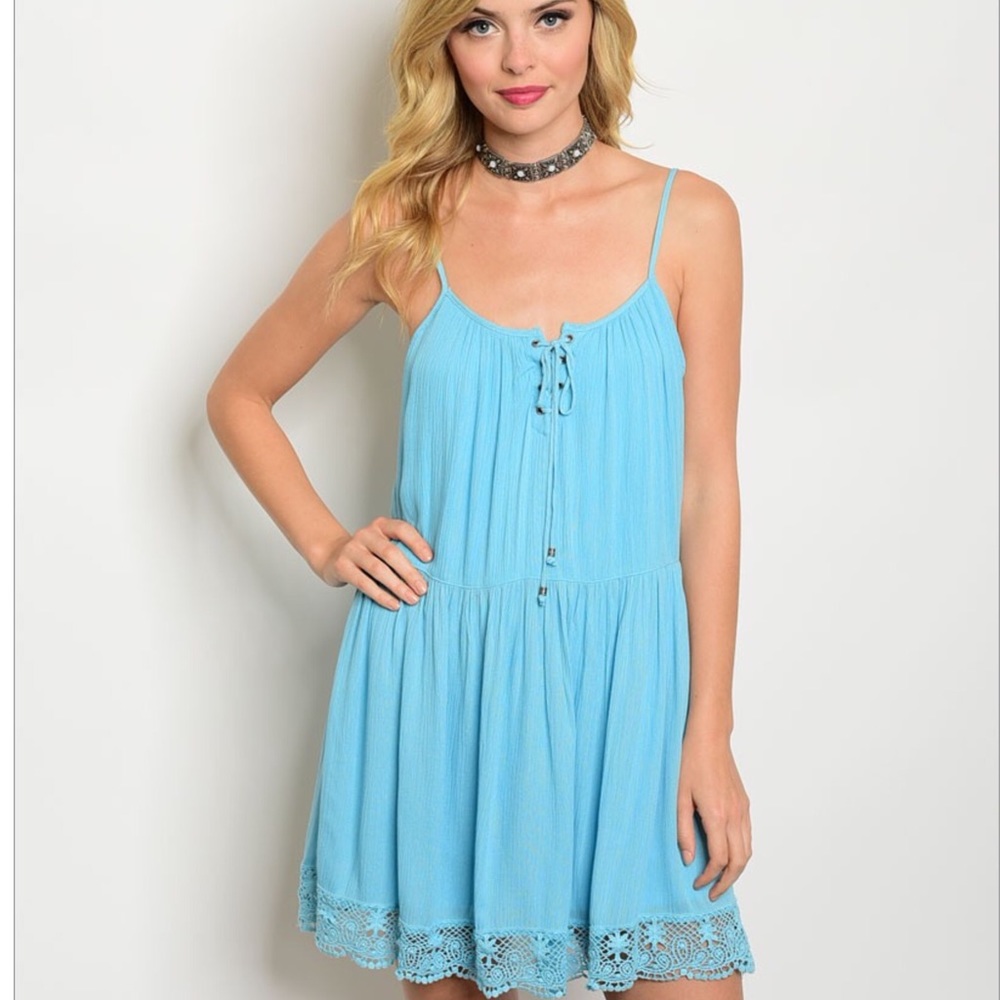 Blue Tank Dress with Lace Trim & Lace up Detail