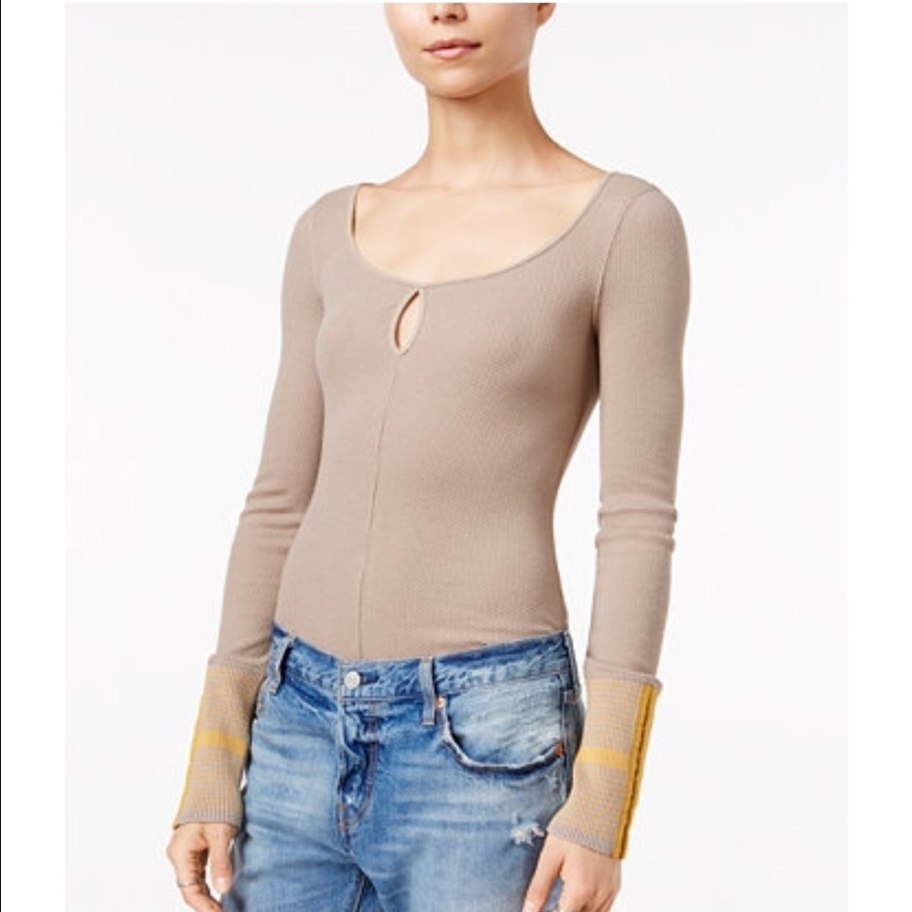 Free People Tan long sleeve stripped cuffs blouse