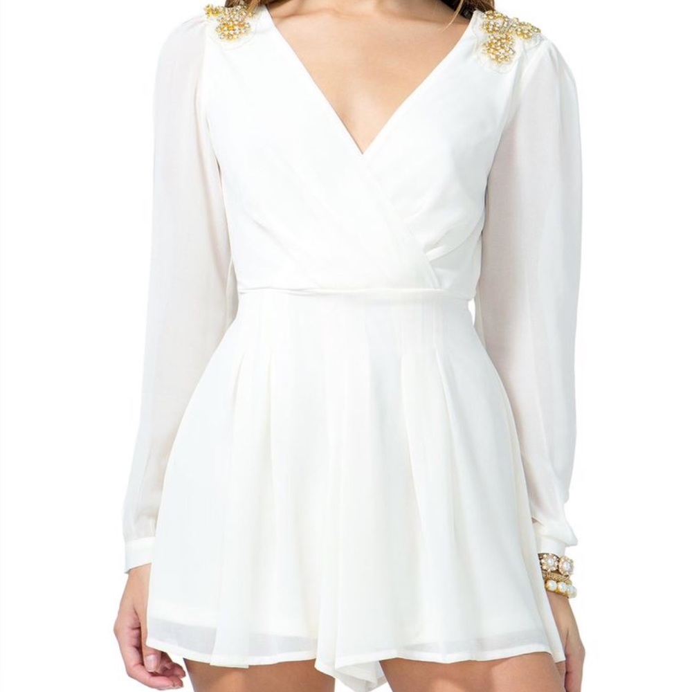Beige Dressy Romper with gold jewls