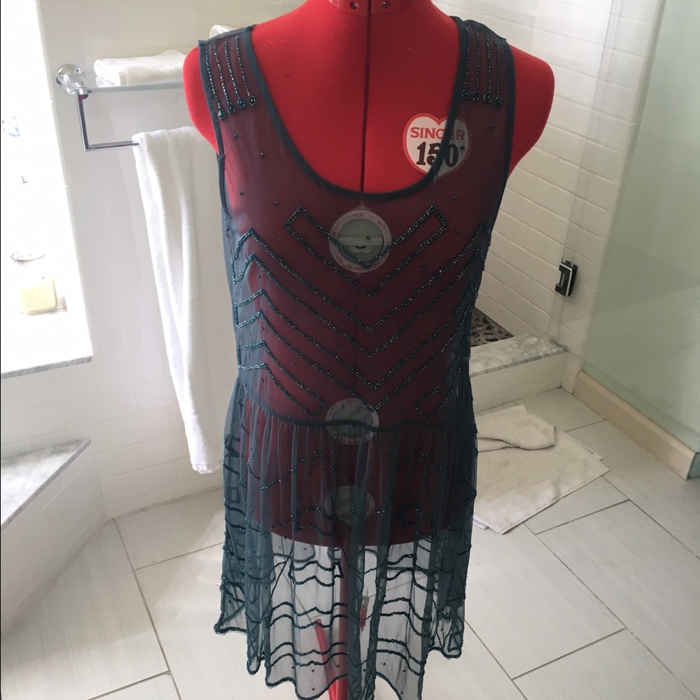 Free People sheer teal beaded dress