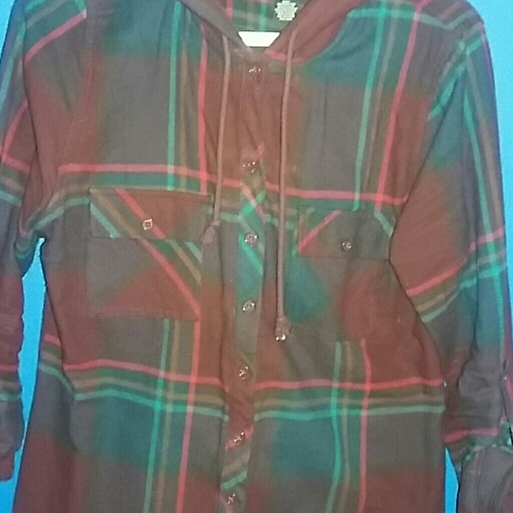 Burgundy Flannel Top with fuzzy hood.