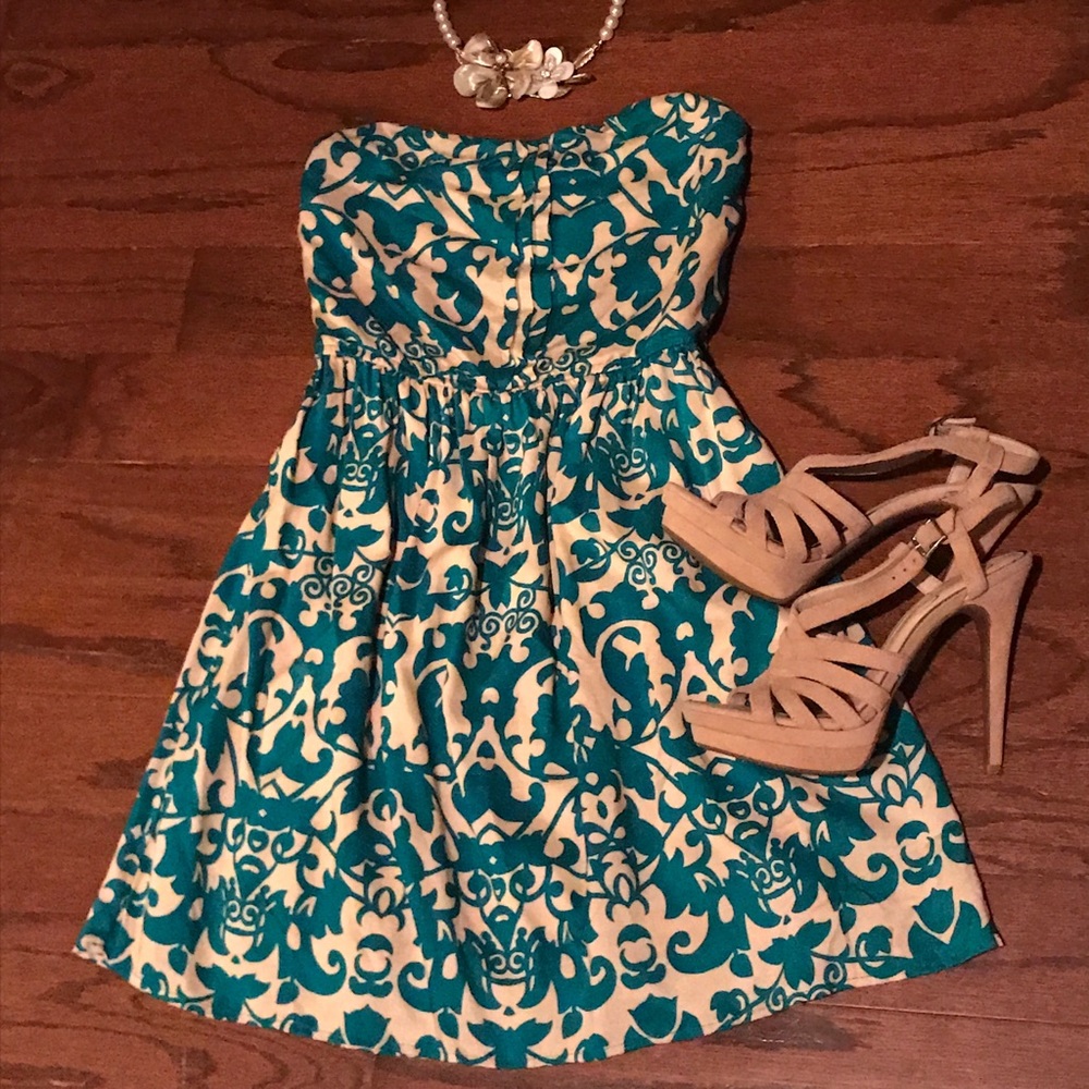 gianni bini damask print strapless dress