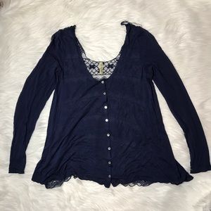 Free People Blue Long Sleeve Button Up Lace Back M Free People Blue Long Sleeve Button Up Lace Back M