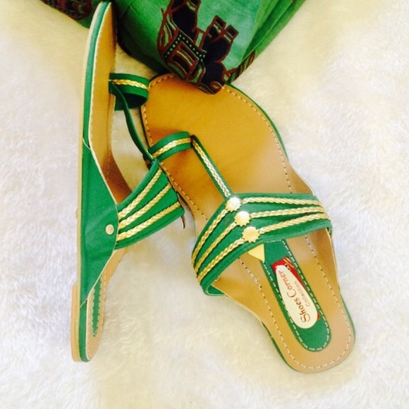 Shoes - Green with gold flats from India