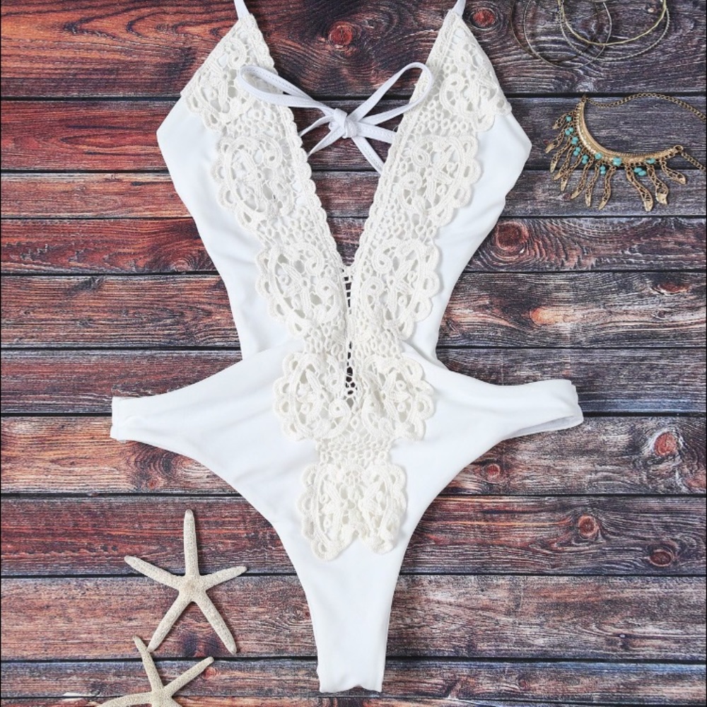 White crochet lace deep plunge one piece bikini