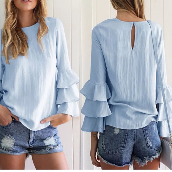 ☁️•Sky Blue Boho Bell Sleeve Blouse• ☁️ - Picture 2 of 5