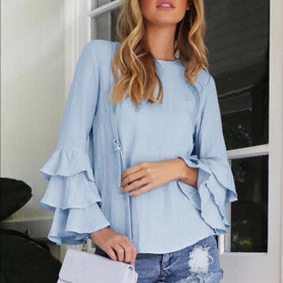 ☁️•Sky Blue Boho Bell Sleeve Blouse• ☁️ - Picture 5 of 5