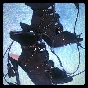 Black and gold suede strappy high heels