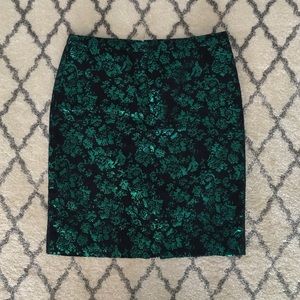 J Crew navy blue and green metallic print skirt
