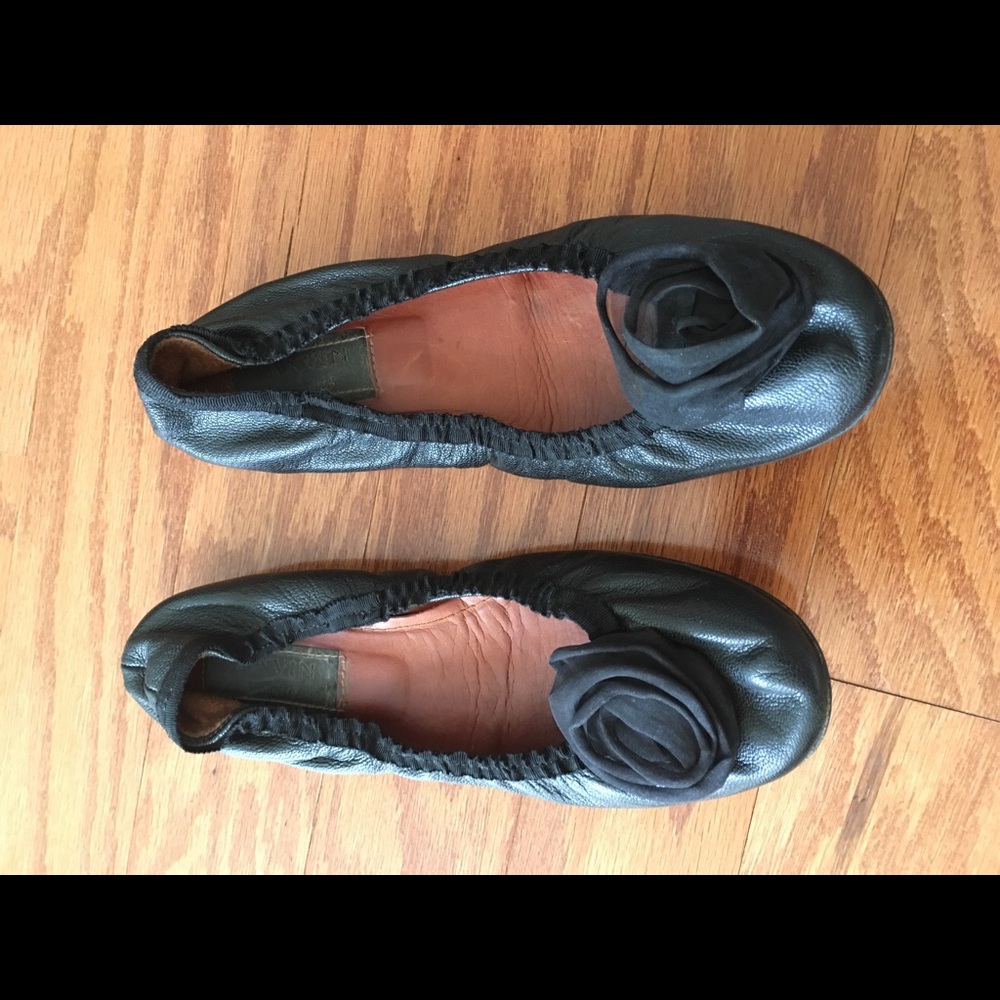 Lanvin Black Rose Detail Black Leather Ballerina Flats