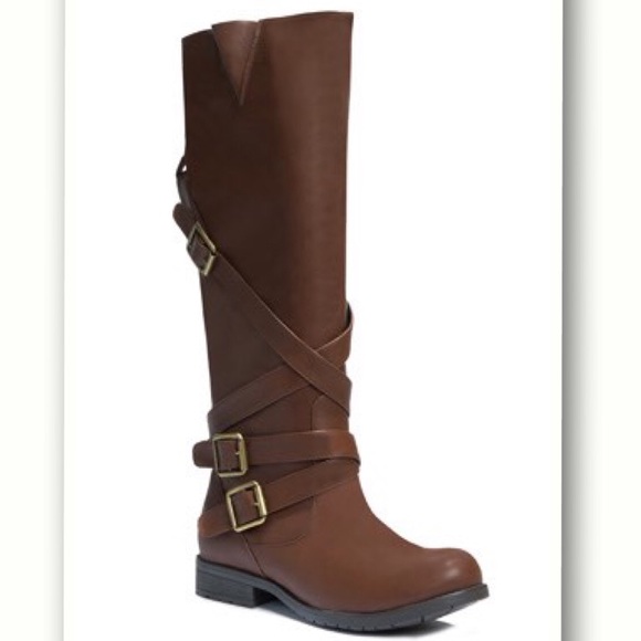 JustFab Shoes - Tall Brown Strappy Combat Boots