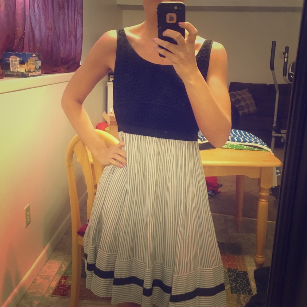 LOFT dress with black lacy top with blue & white