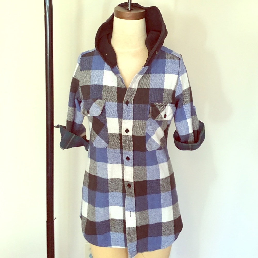 One of a kind upcycled flannel with studded hood!