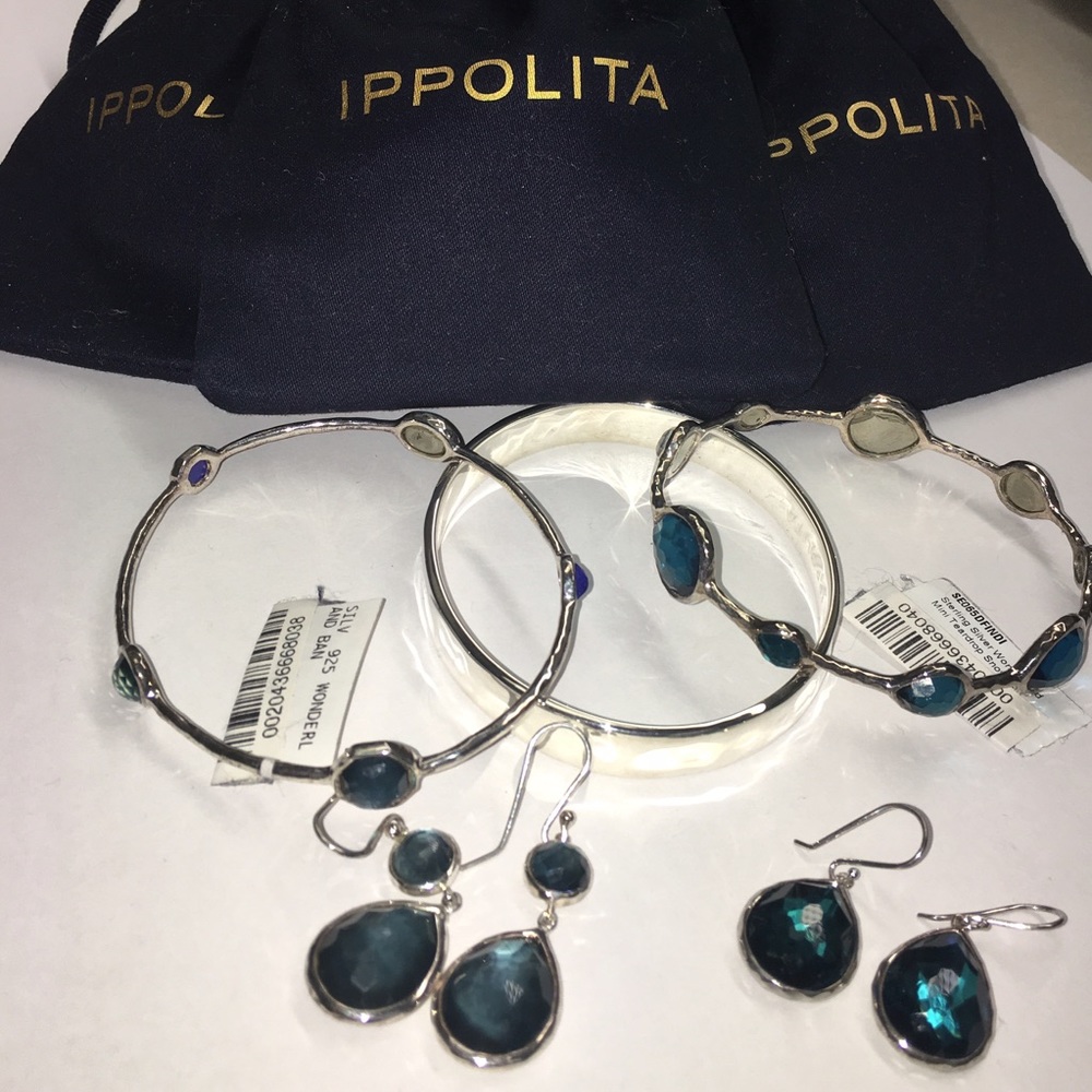 Ippolita sterling silver bangle, aqua/blue stones