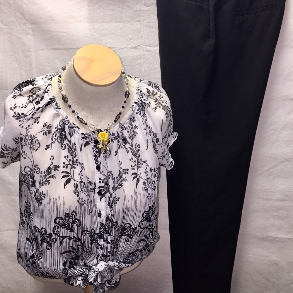 2pc Black & White Pants and floral loose blouse