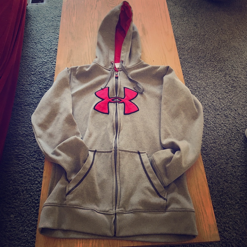 Gray and pink under armor fleece lined hoodie