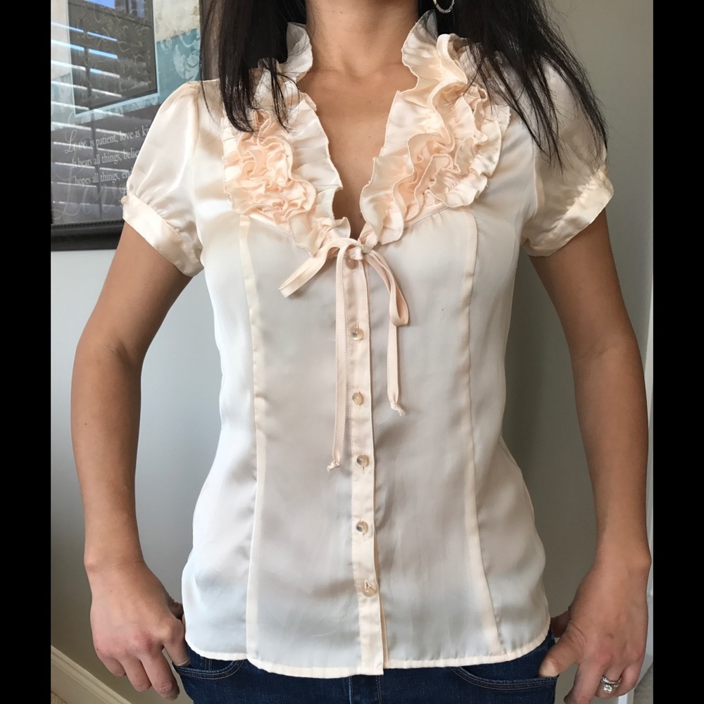 Cream silk like ruffle blouse