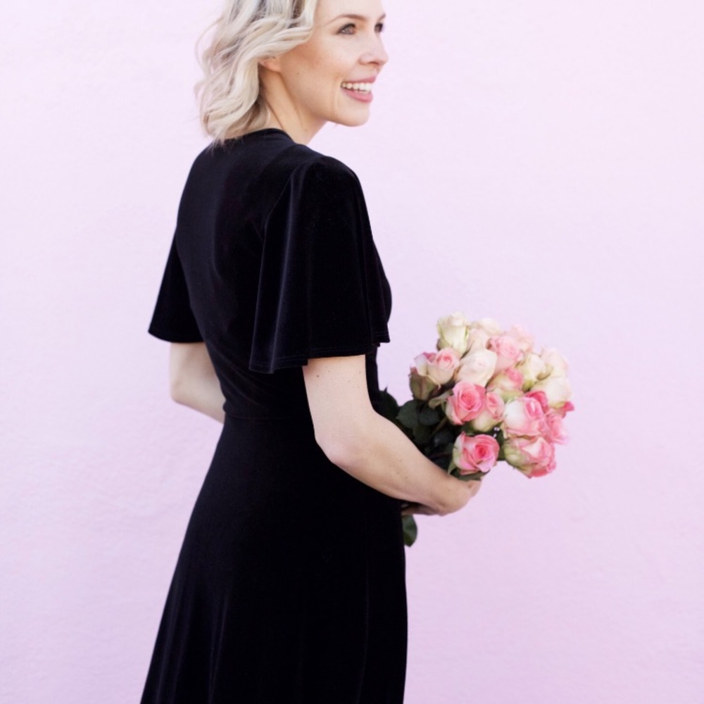 Velvet Wrap Short Sleeve Dress - Black - Picture 2 of 4