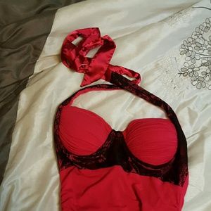 Red/pink black lace top