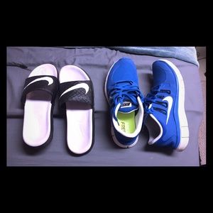 Nike 5.0 free in blue. Size 9. Nike Slips size 10
