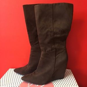 Brown suede wedge heel boots