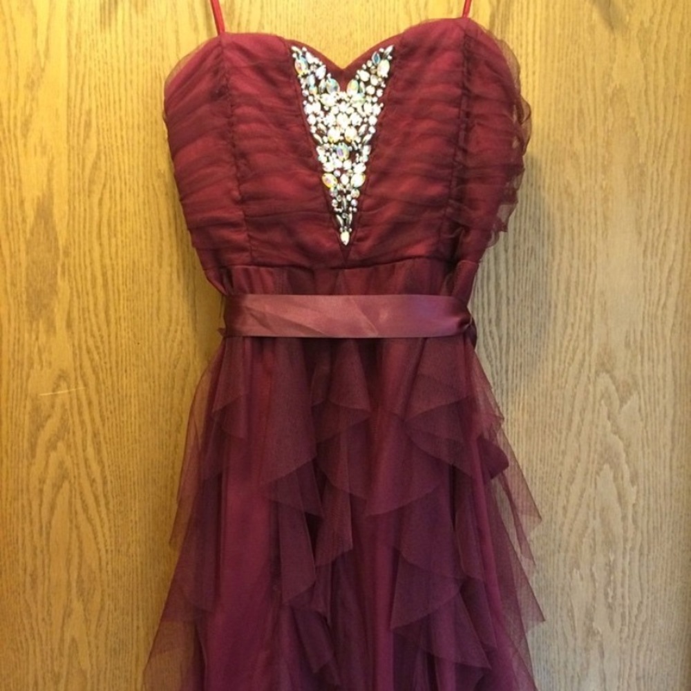 Burgundy homecoming dress.