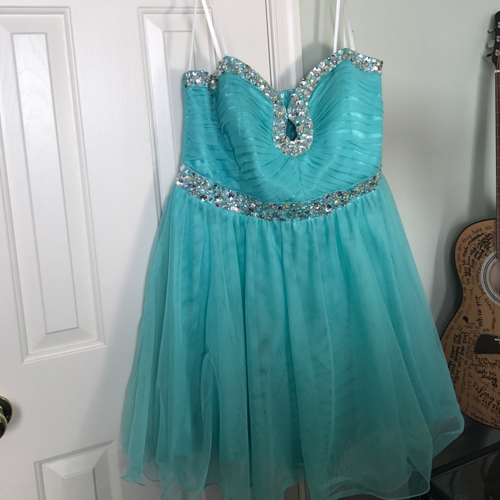 Short Blue bling homecoming dress from Deb