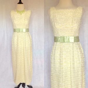 Vtg 60s XS S Pastel Yellow Lace Maxi Dress Gown