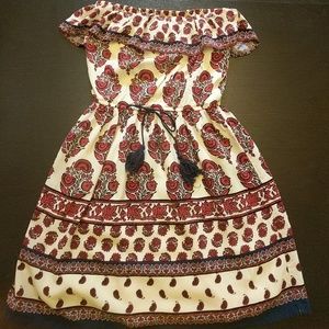 Red, Navy, and Cream Strapless Paisley Dress