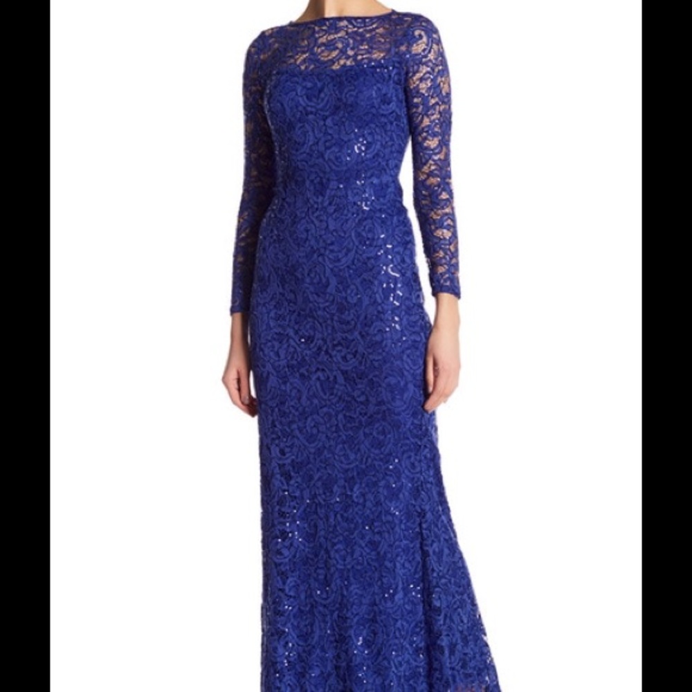 Marina Long Sleeve Lace Gown in COBALT