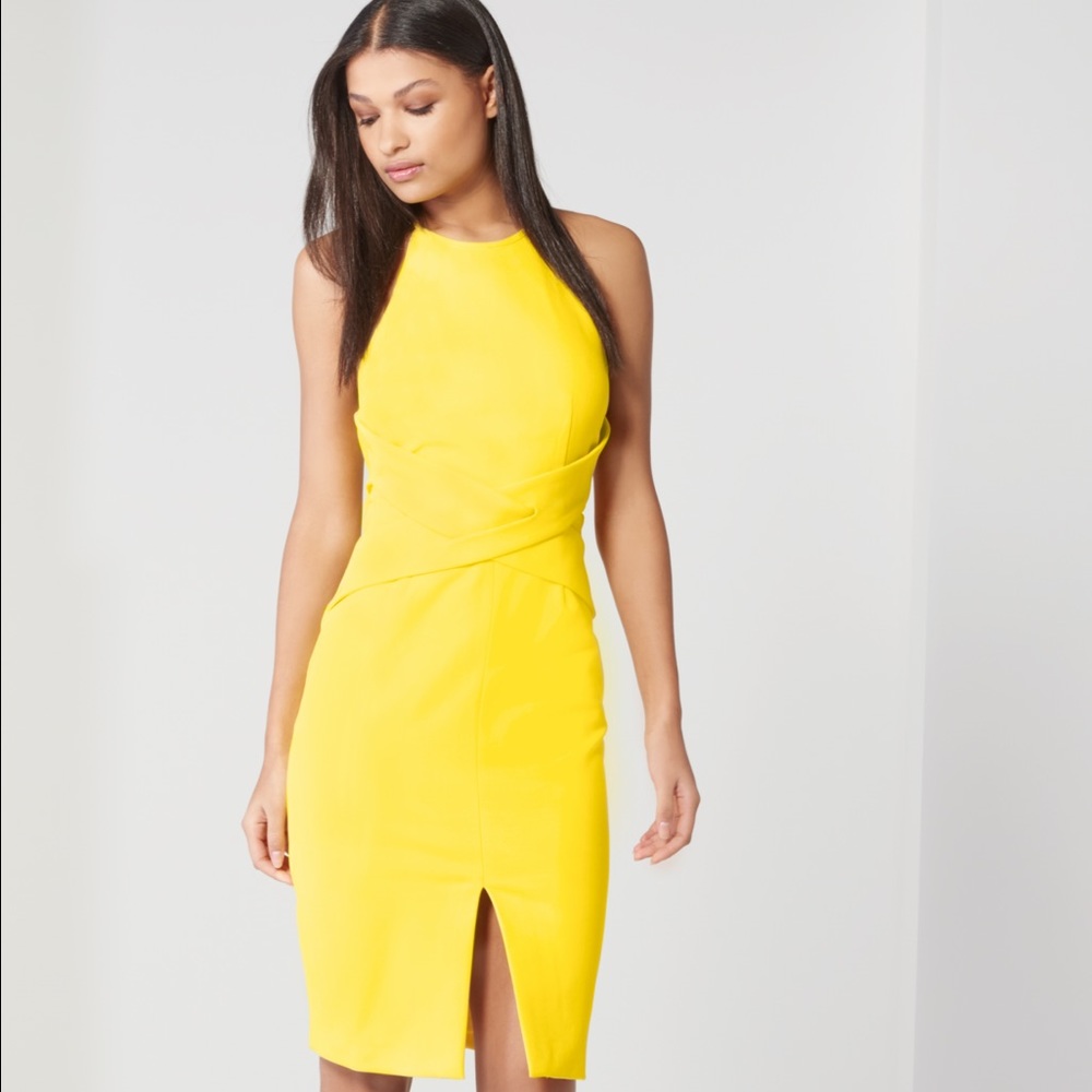 Canary Yellow Wrap Front Keyhole Back Midi Dress