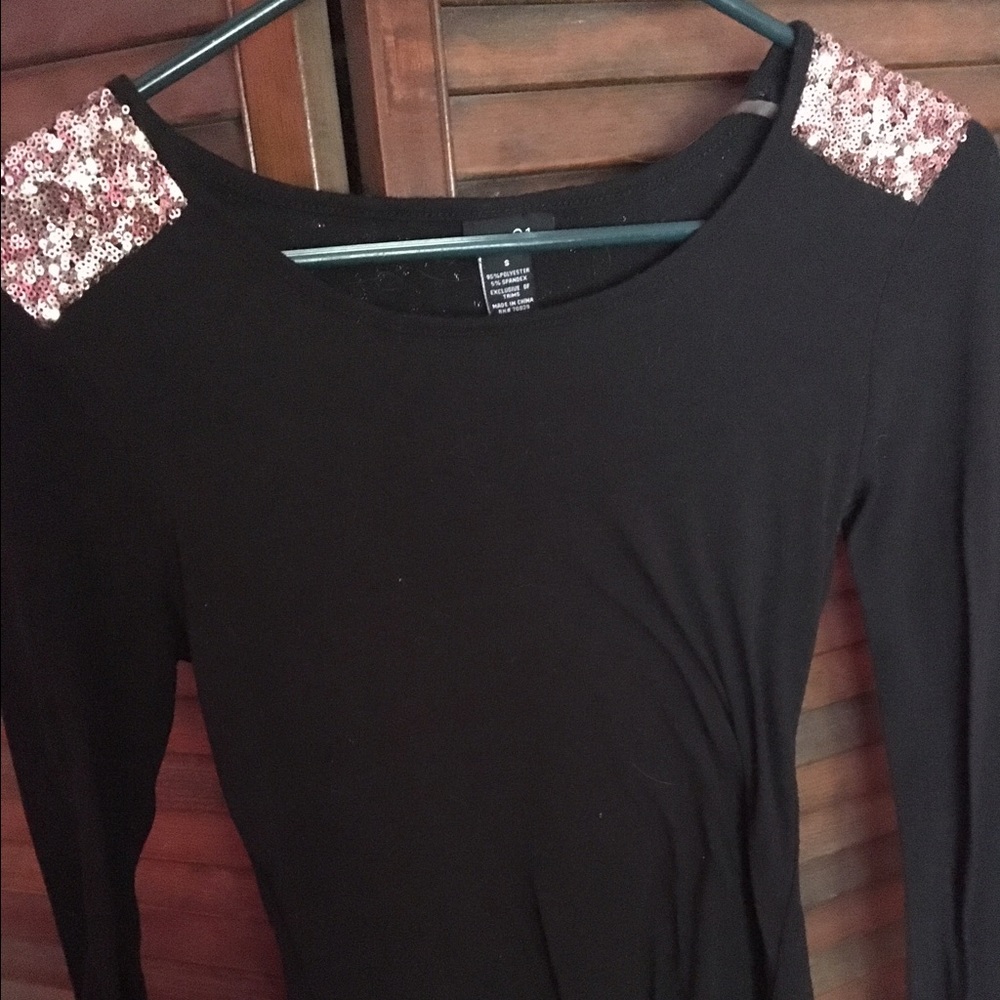 Black shirt with rose gold sparkle shoulder