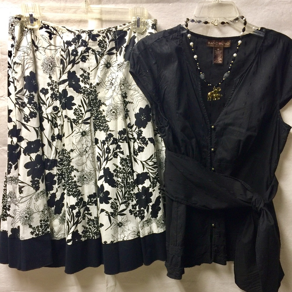2pc Black & White Floral Skirt & Black Top