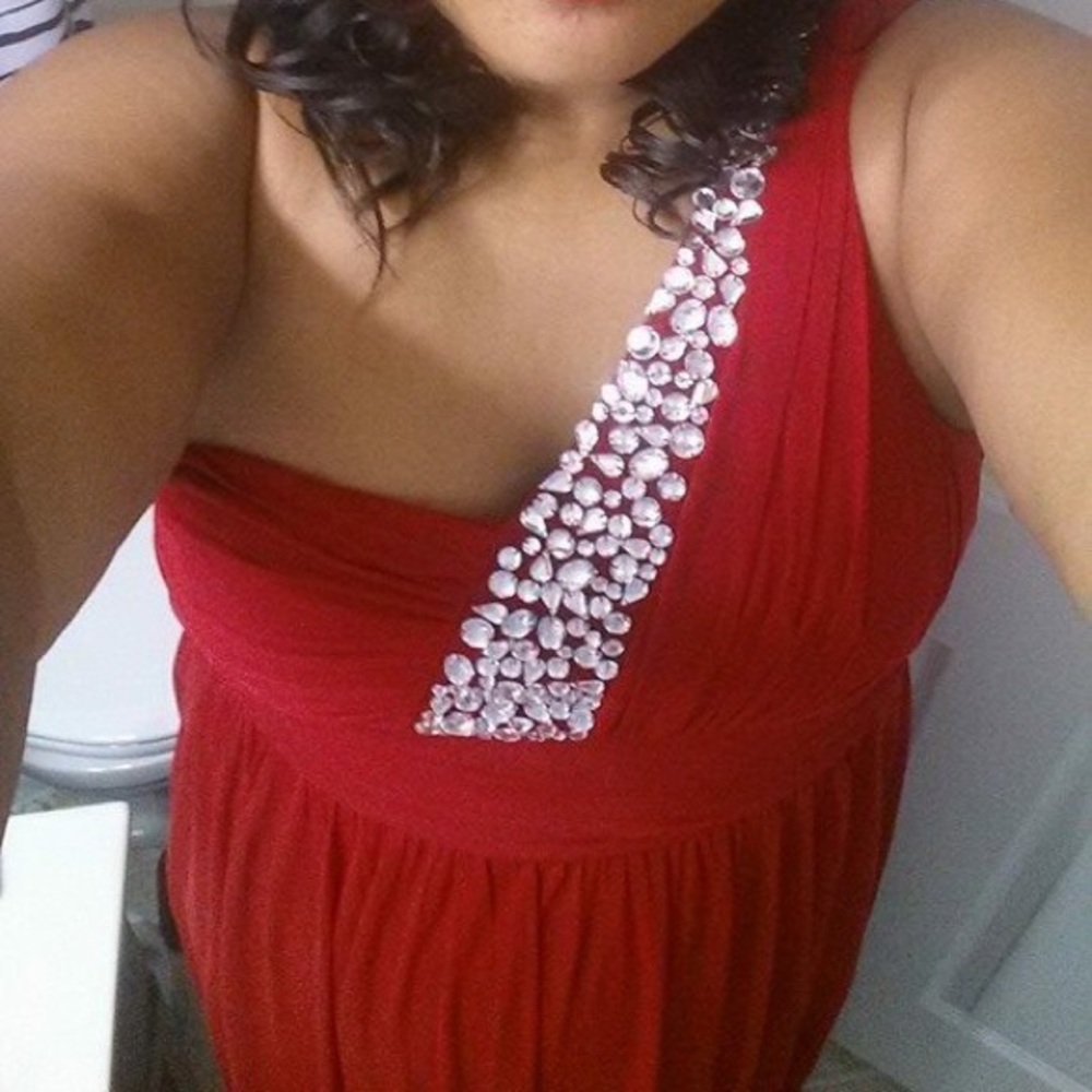 One shoulder red bling bridesmaid gown