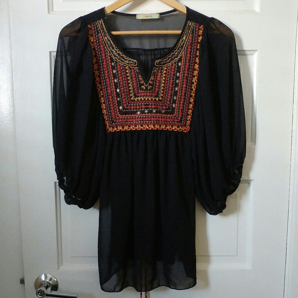 Gemstone Brand, sheer black, tie back blouse!