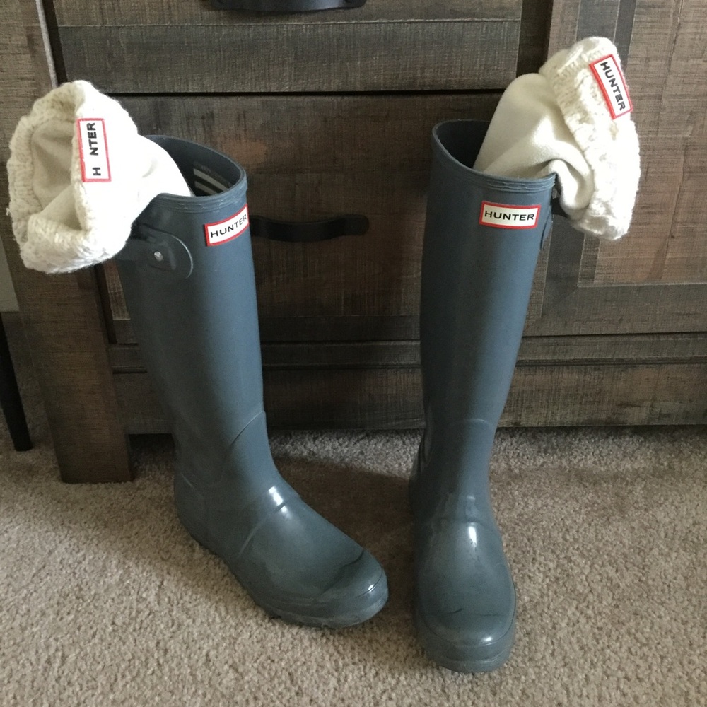 Grey Hunter Boots with white knit socks