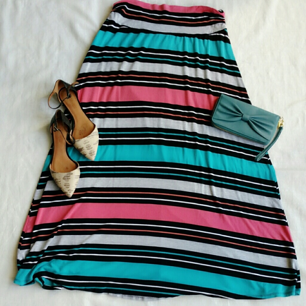 Aqua & Pink Fold-Over Waist Maxi Skirt