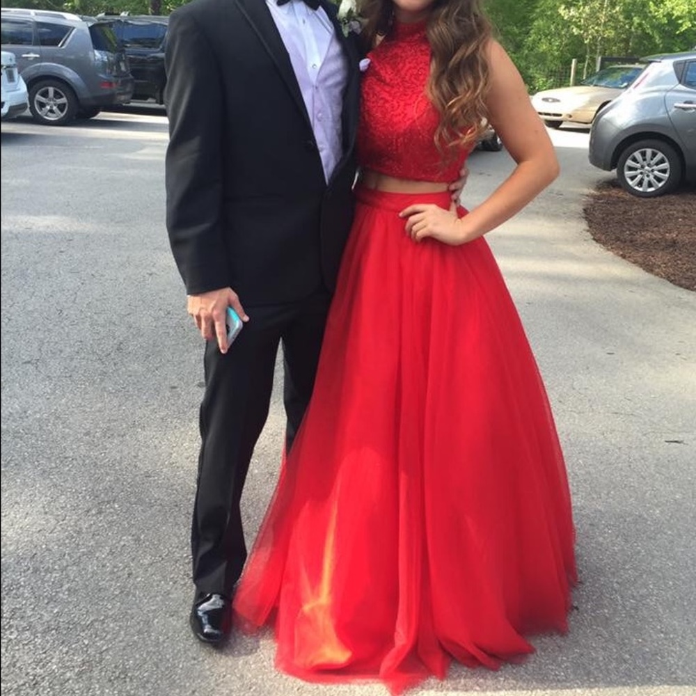 Red two piece prom dress