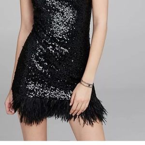 Express Sequin Feather Hem Mini Dress